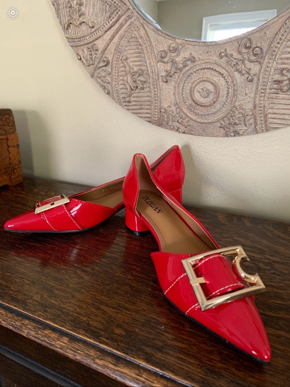 STYLEWE Red Patent Pointed Toe Flats with Gold Buckle Accent